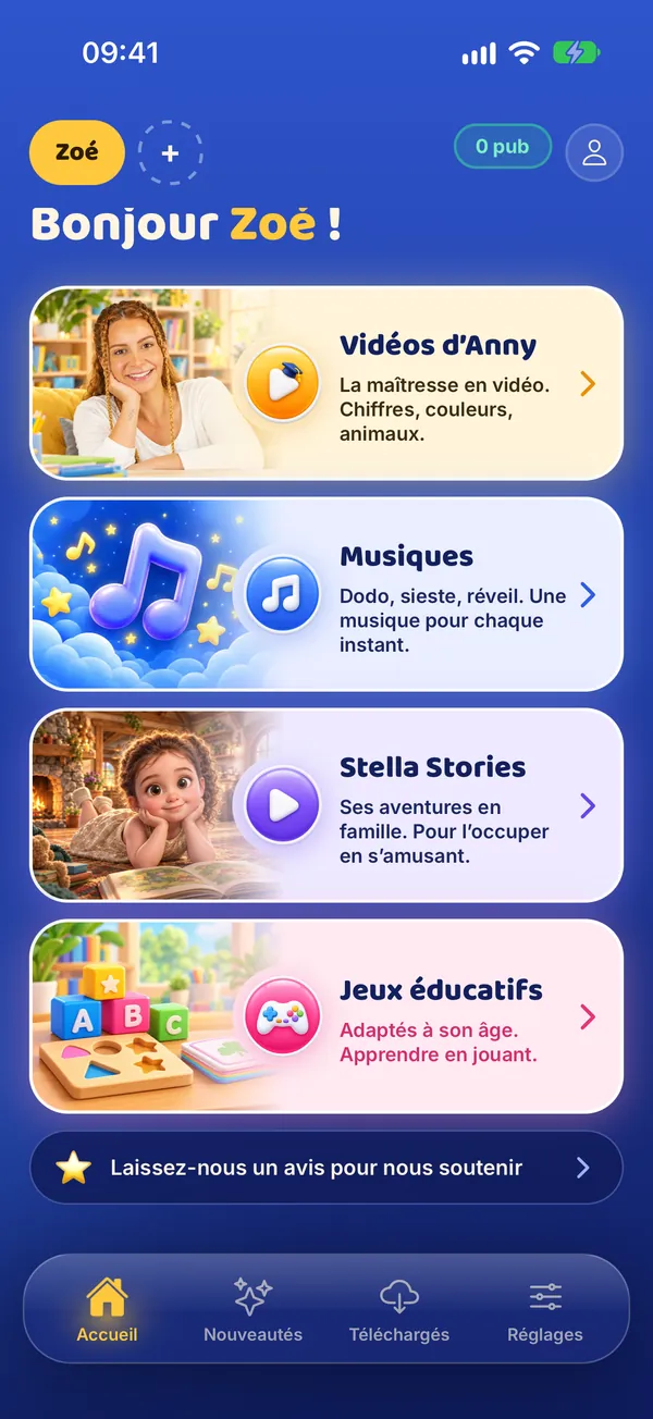 Capture de l’application Sunny Anny : l’accueil avec les quatre rubriques.