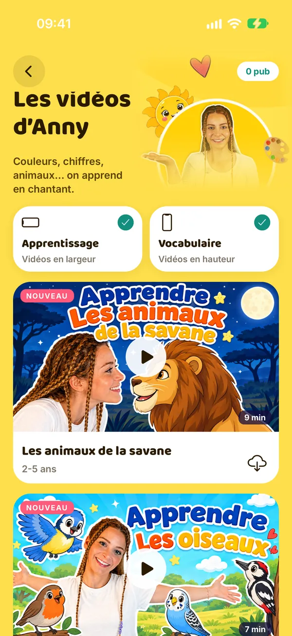 Capture de l’application Sunny Anny : la page des vidéos d’Anny.