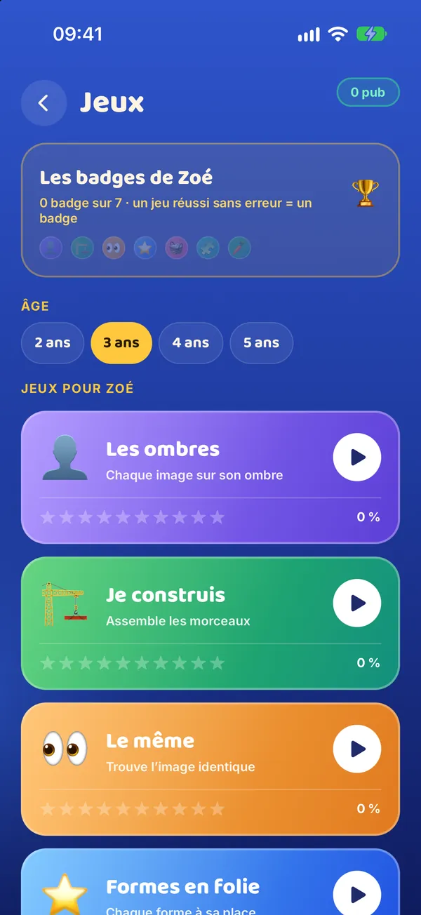 Capture de l’application Sunny Anny : la liste des jeux éducatifs selon l’âge.